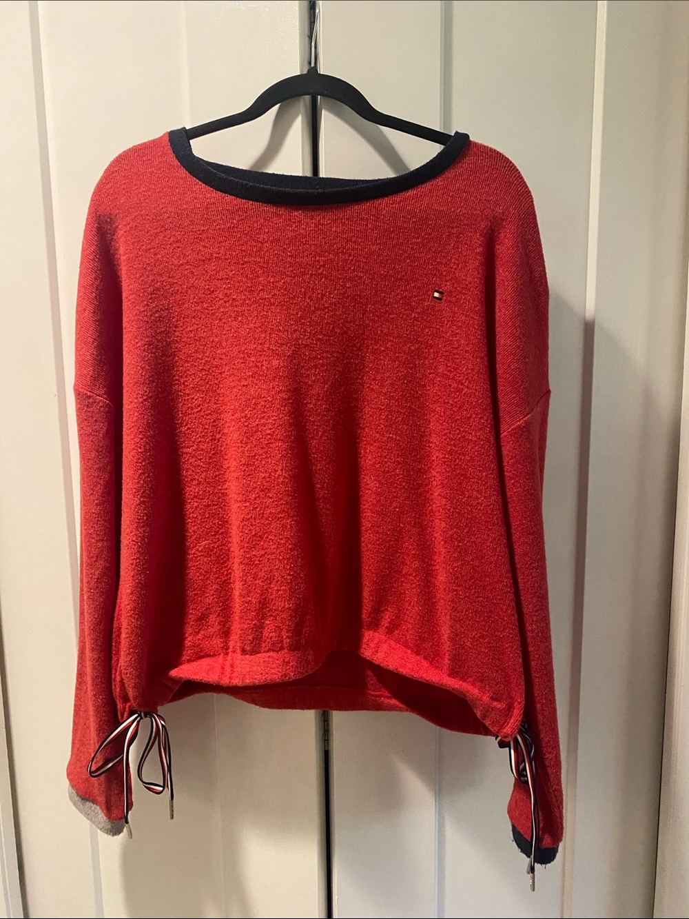 Tommy Hilfiger Red Boatneck Sweater with Navy Trim &  Drawstrings